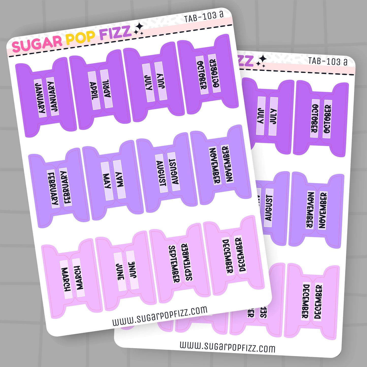 Two sheets of purple and white planner stickers with months printed on them, branded 'Sugar Pop Fizz'.