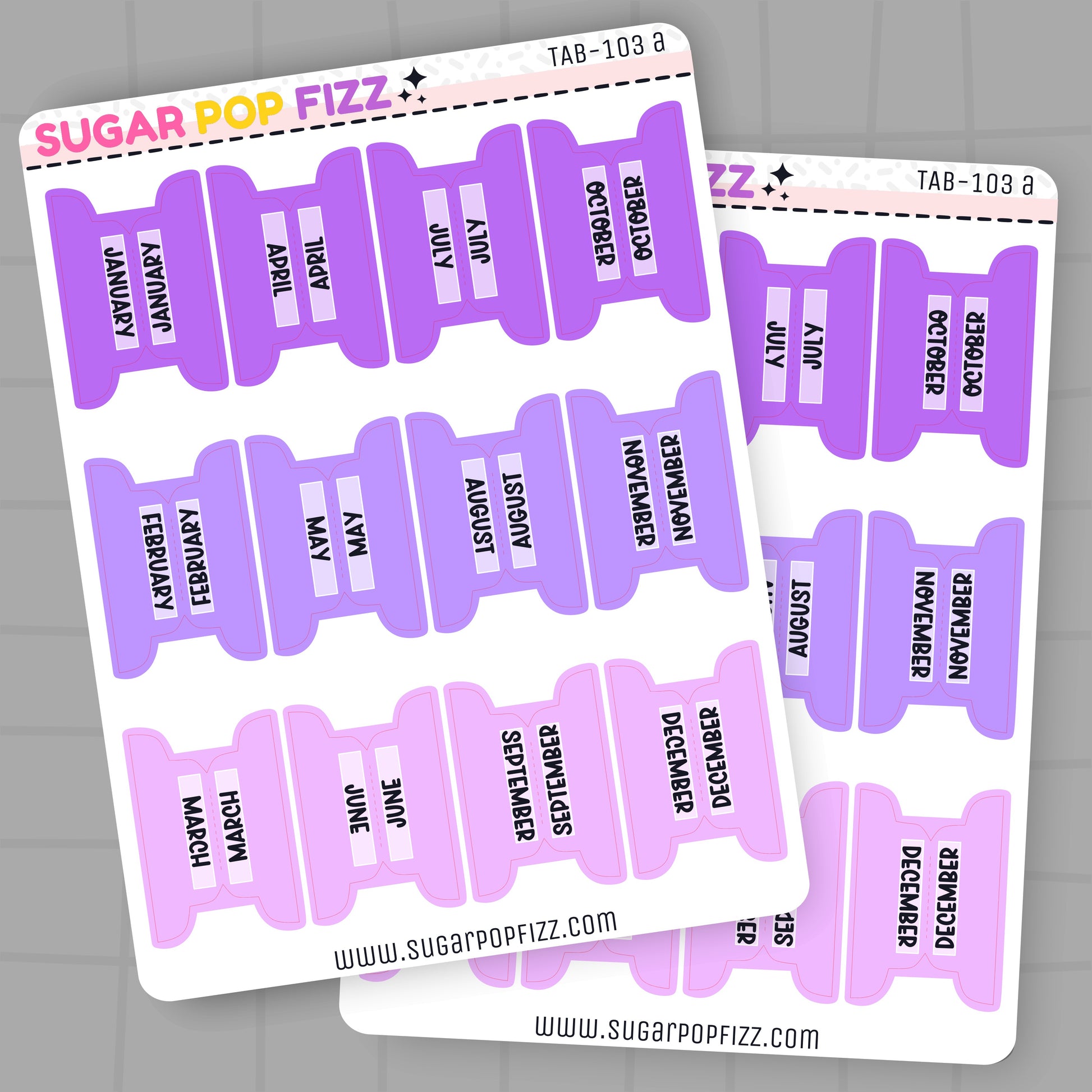 Two sheets of purple and white planner stickers with months printed on them, branded 'Sugar Pop Fizz'.