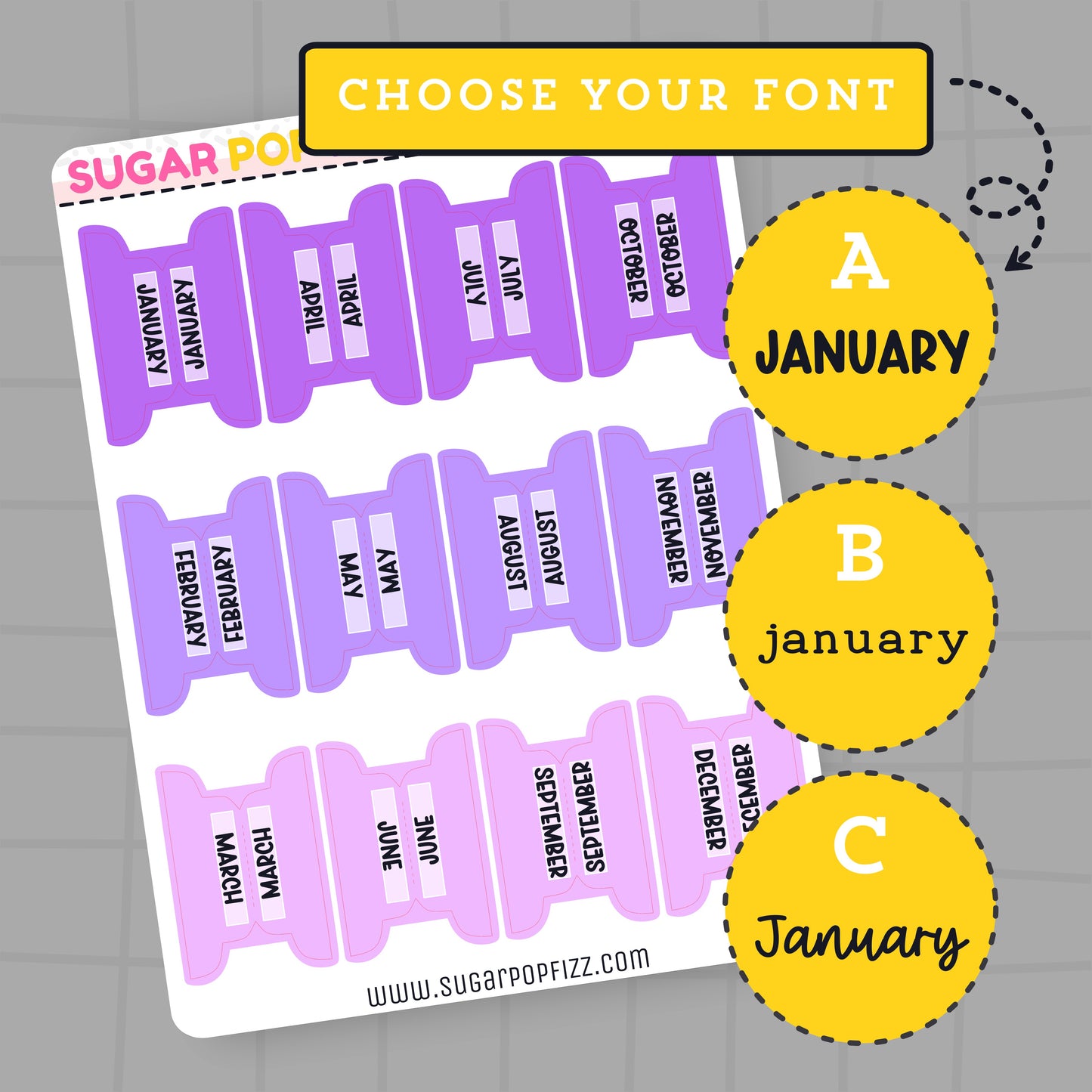 Purple month labels with text on a gray background, featuring a yellow 'Choose Your Font' banner.