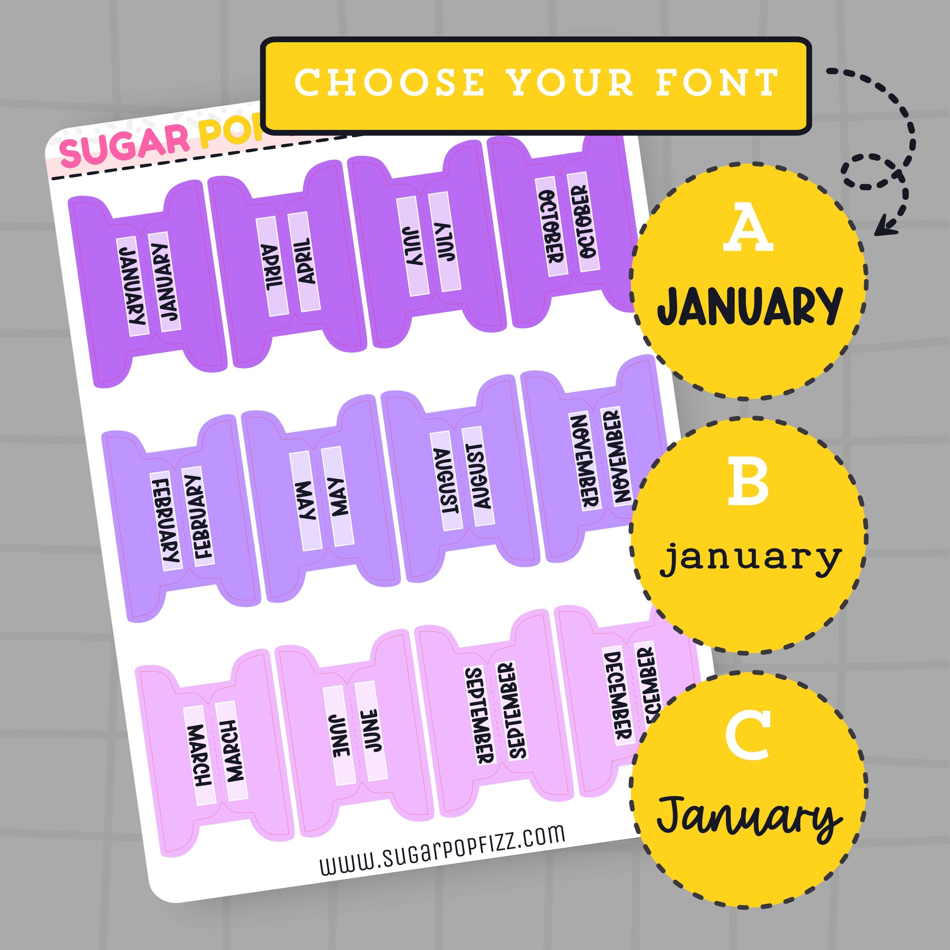 Purple month labels with text on a gray background, featuring a yellow 'Choose Your Font' banner.