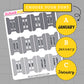 Sheet of planner stickers with months labeled, featuring a gray background and yellow text prompts.