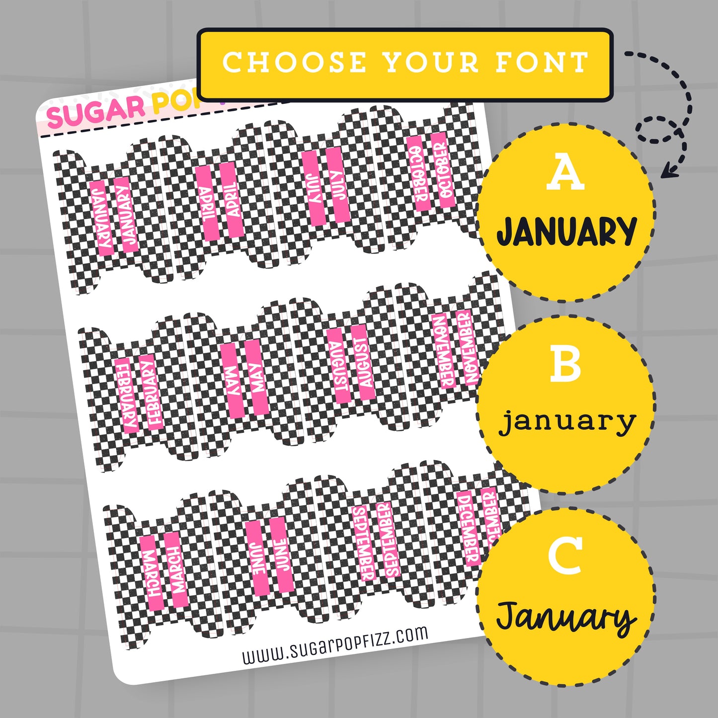 Sheet of planner stickers with checkered pattern and pink text, featuring 'SUGAR POP' branding.