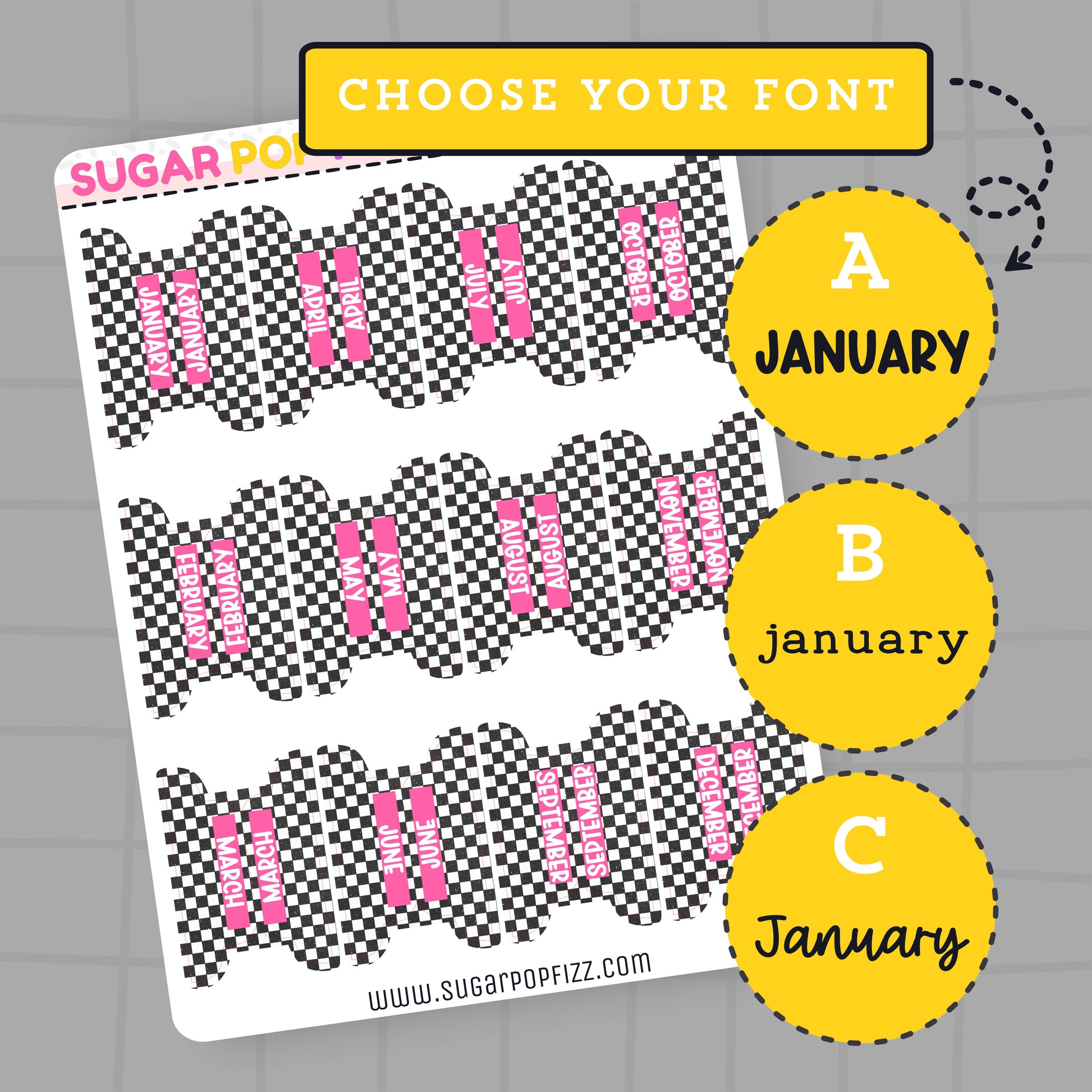 Sheet of planner stickers with checkered pattern and pink text, featuring 'SUGAR POP' branding.