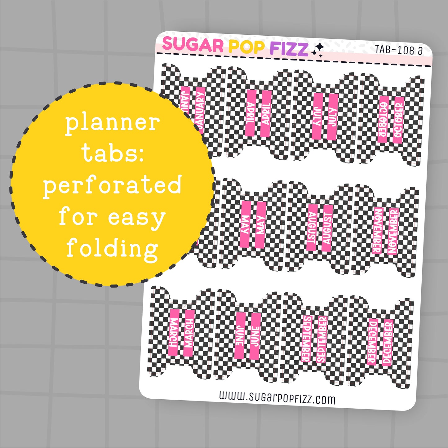 Planner tabs with black and white checkered pattern and pink text on a gray background, branded 'Sugar Pop Fizz'.