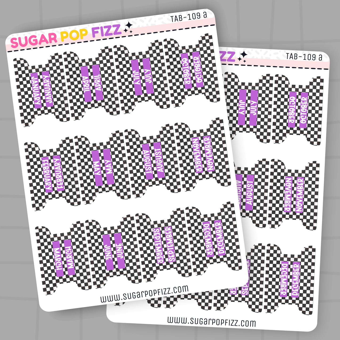 Two sheets of planner stickers with checkered pattern and 'SUGAR POP FIZZ' branding on a gray background.