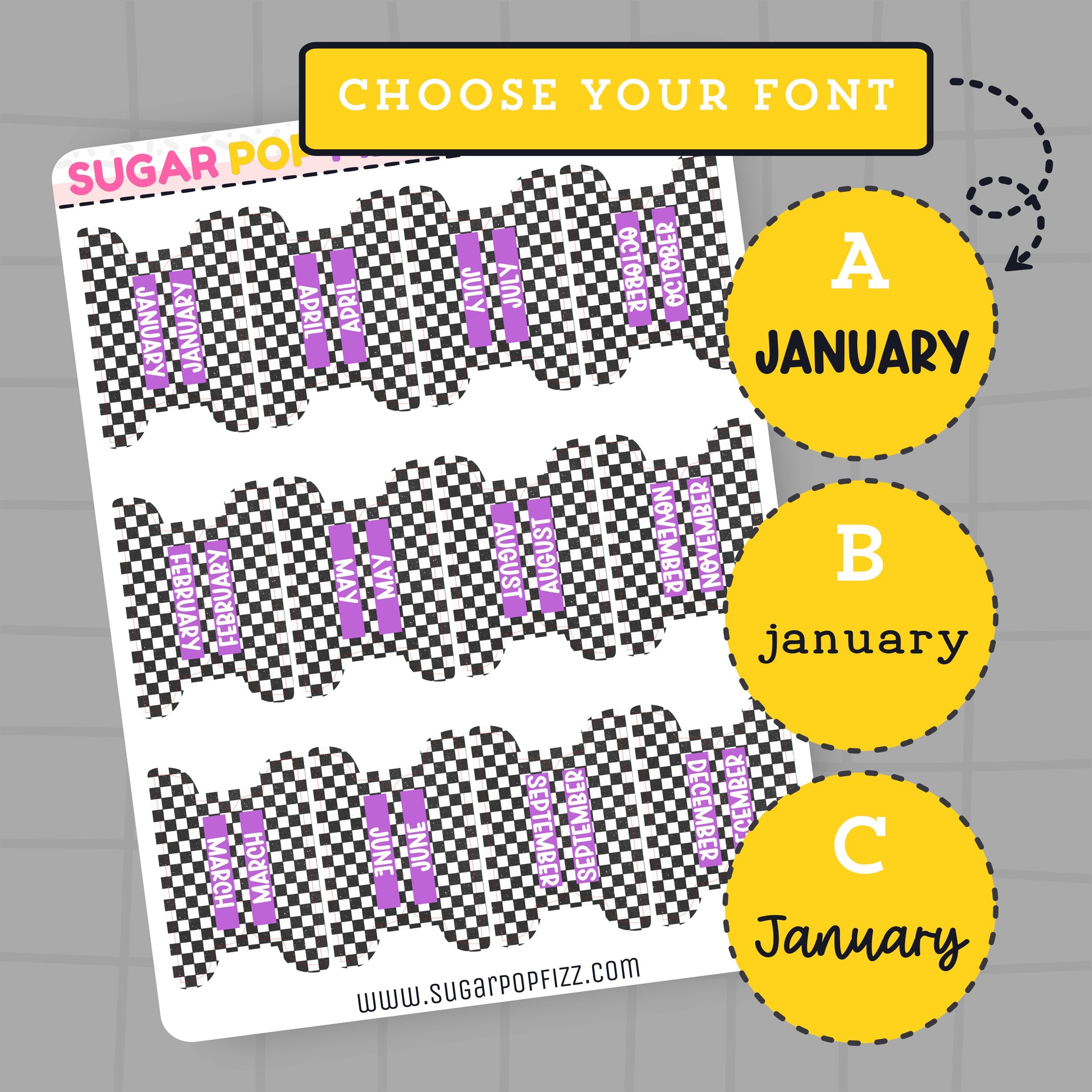 Sheet of planner stickers with text 'January' and options to choose a font, on a gray background.