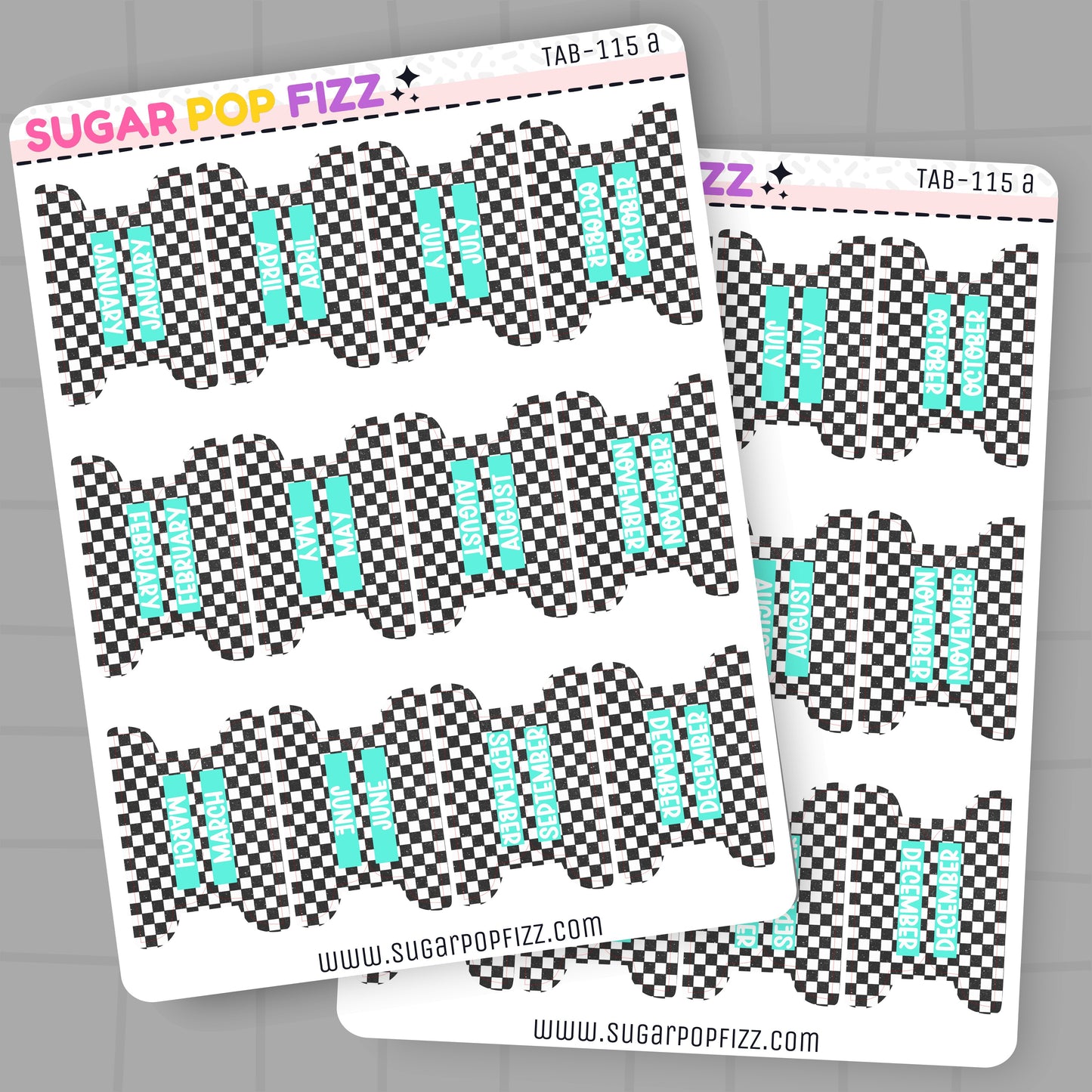 Two sheets of planner stickers with checkered pattern and turquoise accents, branded 'Sugar Pop Fizz'.