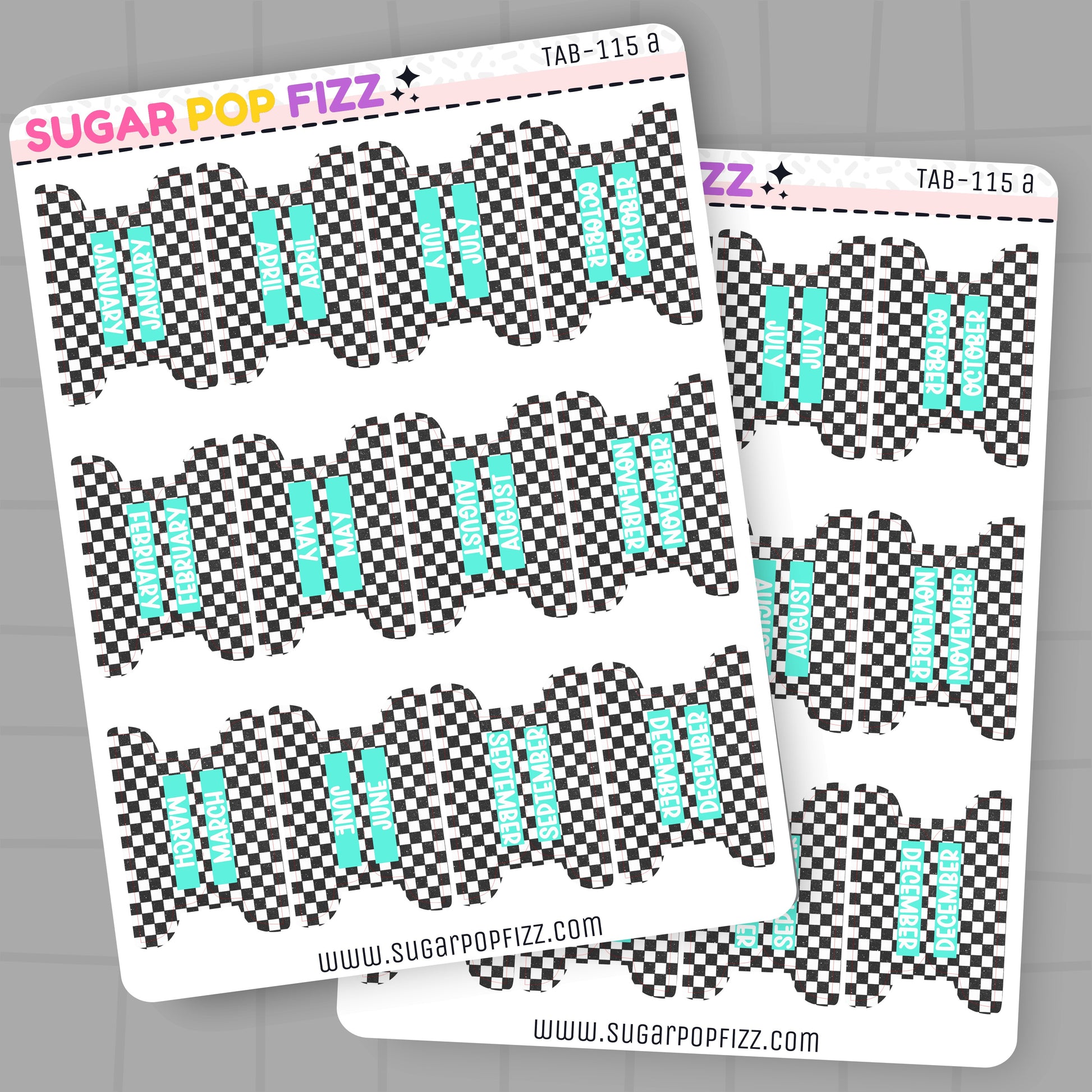 Two sheets of planner stickers with checkered pattern and turquoise accents, branded 'Sugar Pop Fizz'.