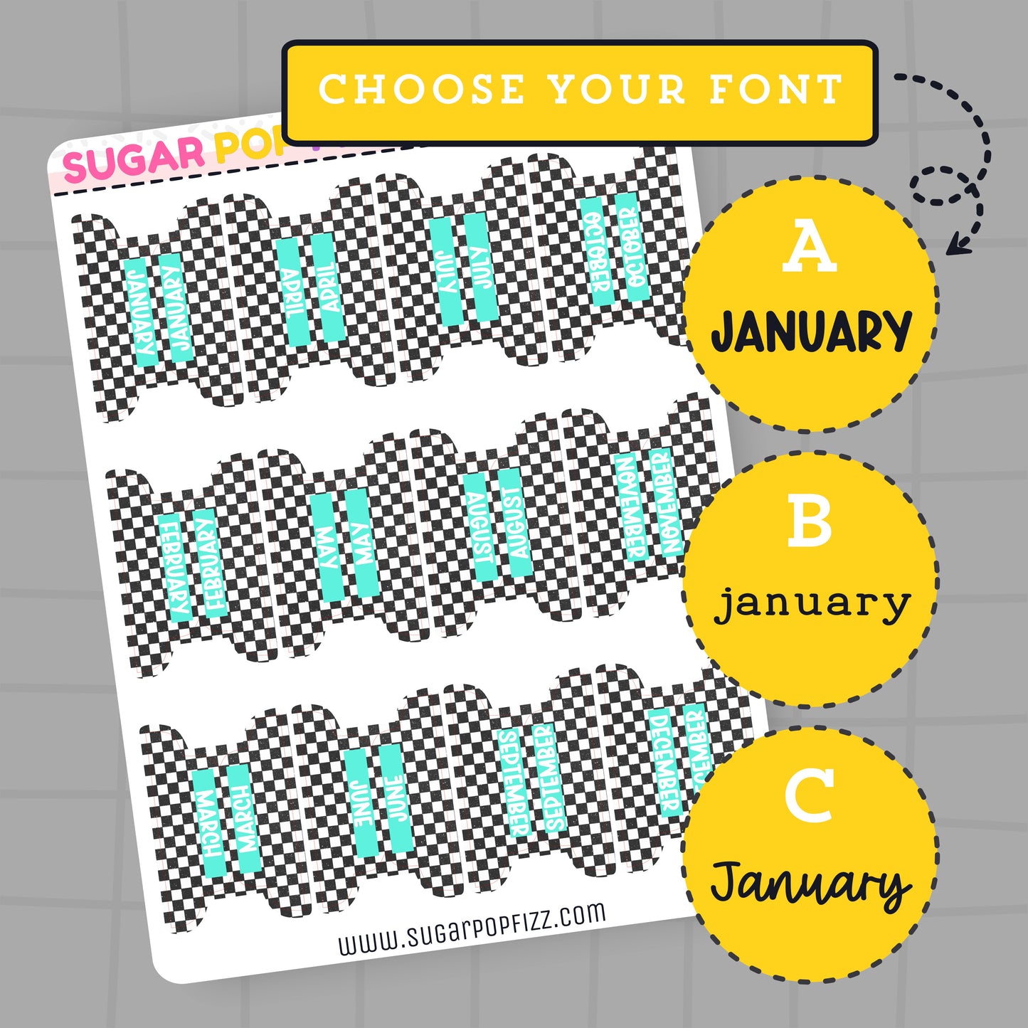 Sticker sheet with text 'January' and options A, B, and C on a gray background.