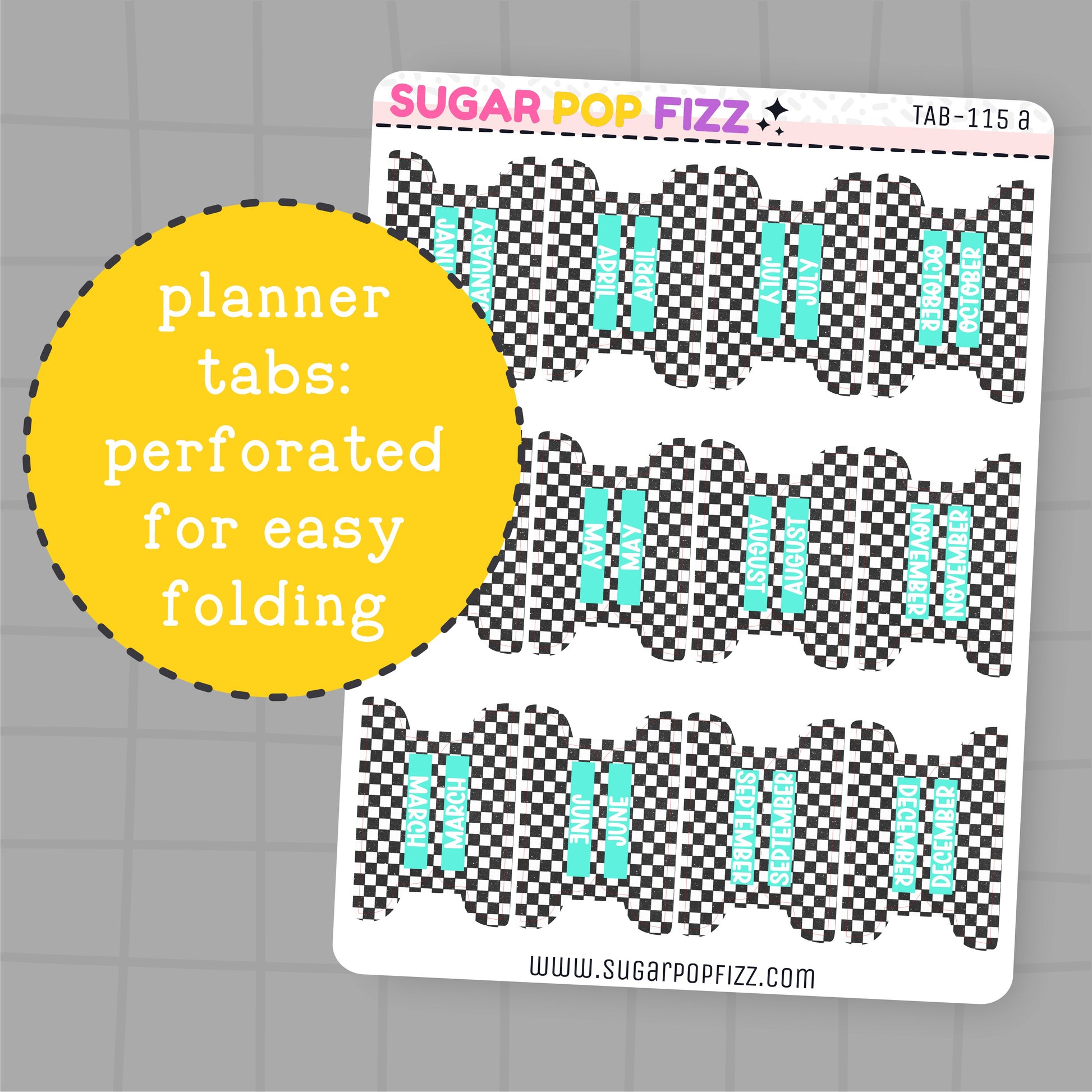 Planner tabs with checkered pattern and turquoise accents on a gray background, branded 'SUGAR POP FIZZ'.