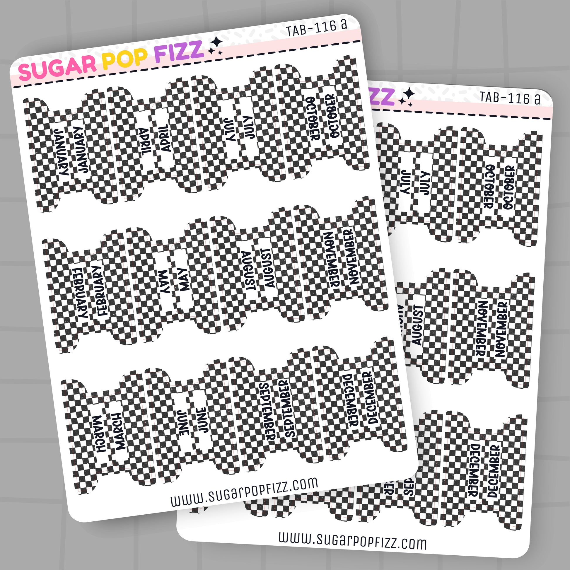 Sheet of planner stickers with month names and 'Sugar Pop Fizz' branding on a gray background.