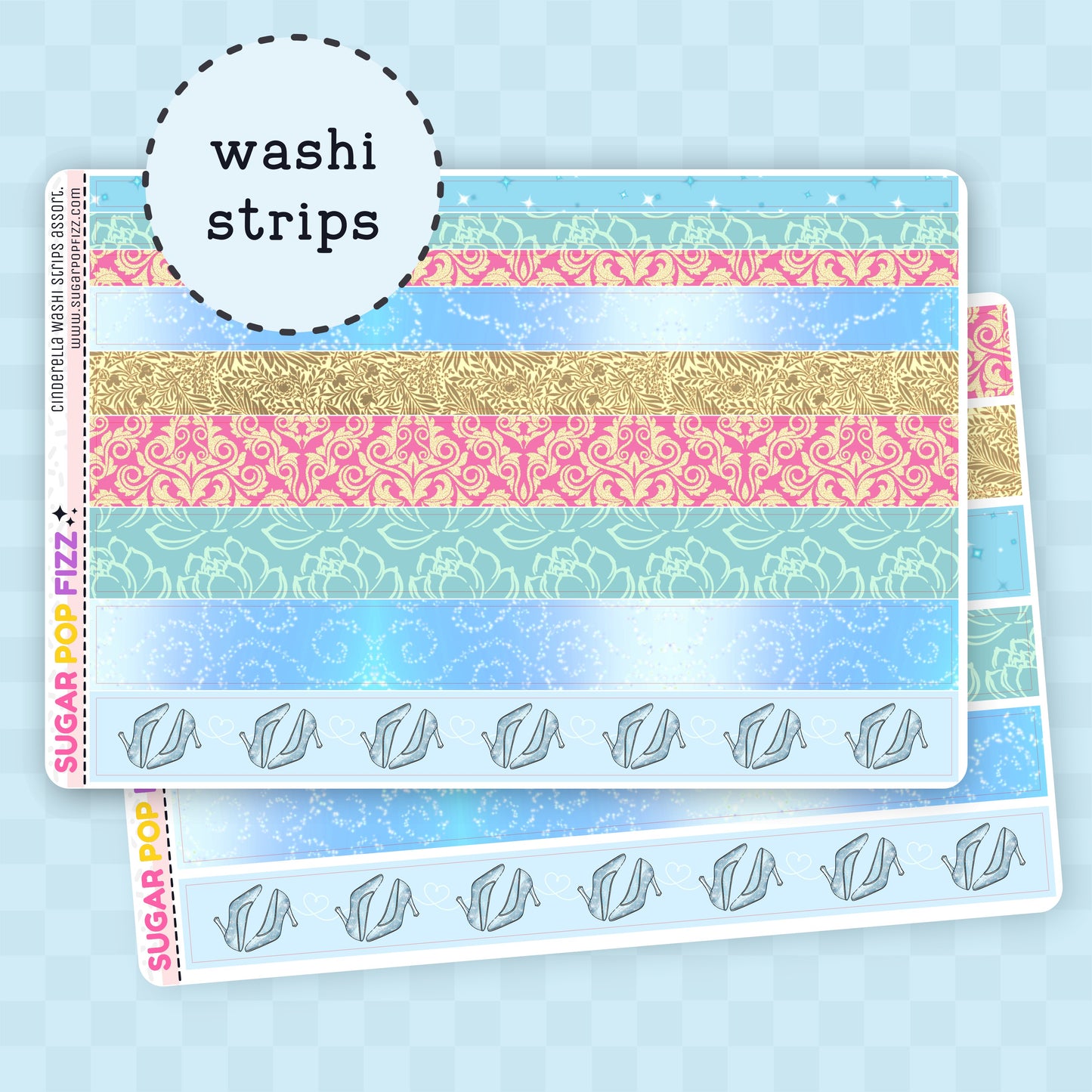 Set of colorful washi strips themed around the movie in blues, pink and yellowson a sticker sheet on a pink background with 'washi strips' text.