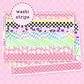 Set of colorful floral and checkered washi strips on a sticker sheet on a pink background with 'washi strips' text.