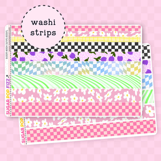 Set of colorful floral and checkered washi strips on a sticker sheet on a pink background with 'washi strips' text.
