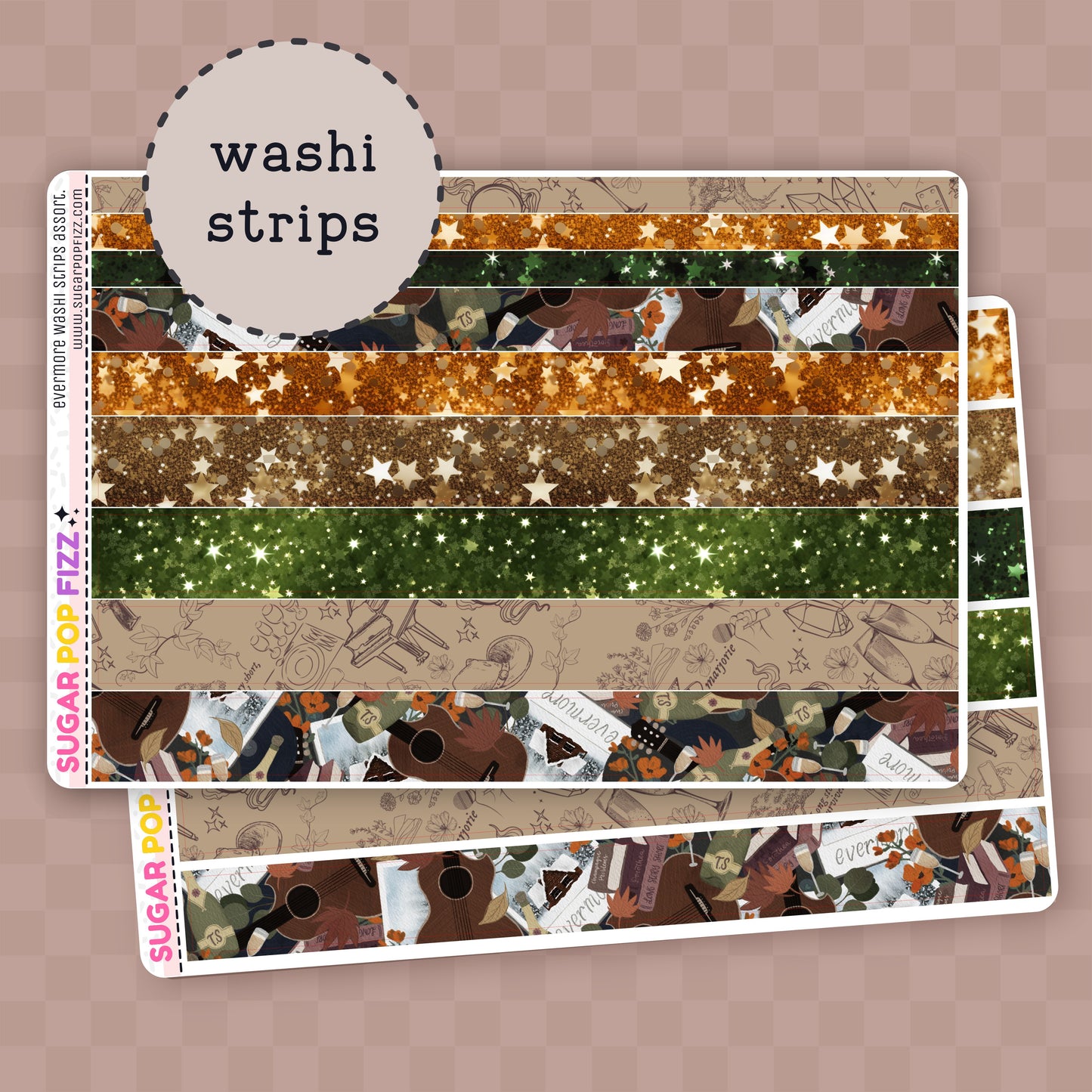 Set of colorful washi strips themed around taylor swift's evermore album in browns, greens and orange on a sticker sheet on a pink background with 'washi strips' text.
