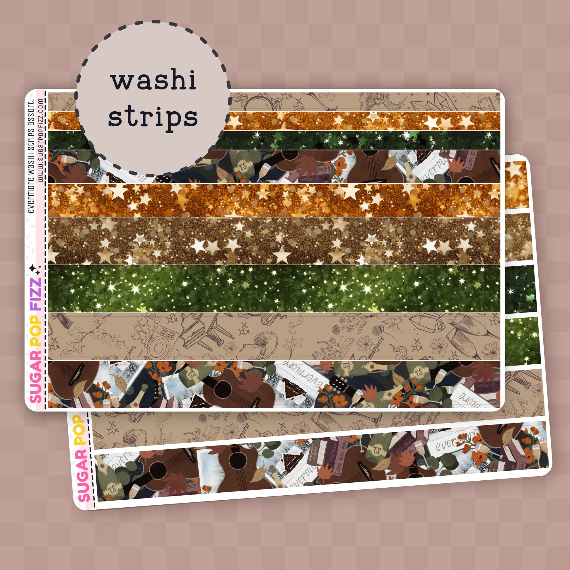 Set of colorful washi strips themed around taylor swift's evermore album in browns, greens and orange on a sticker sheet on a pink background with 'washi strips' text.
