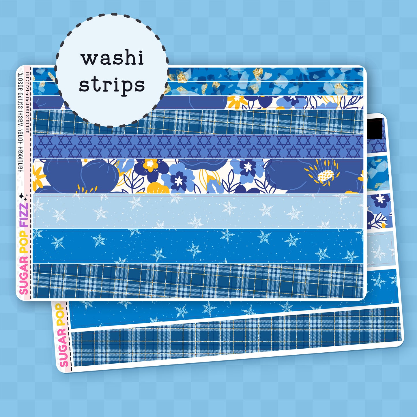 Collection of blue washi strips with various patterns on a blue background
