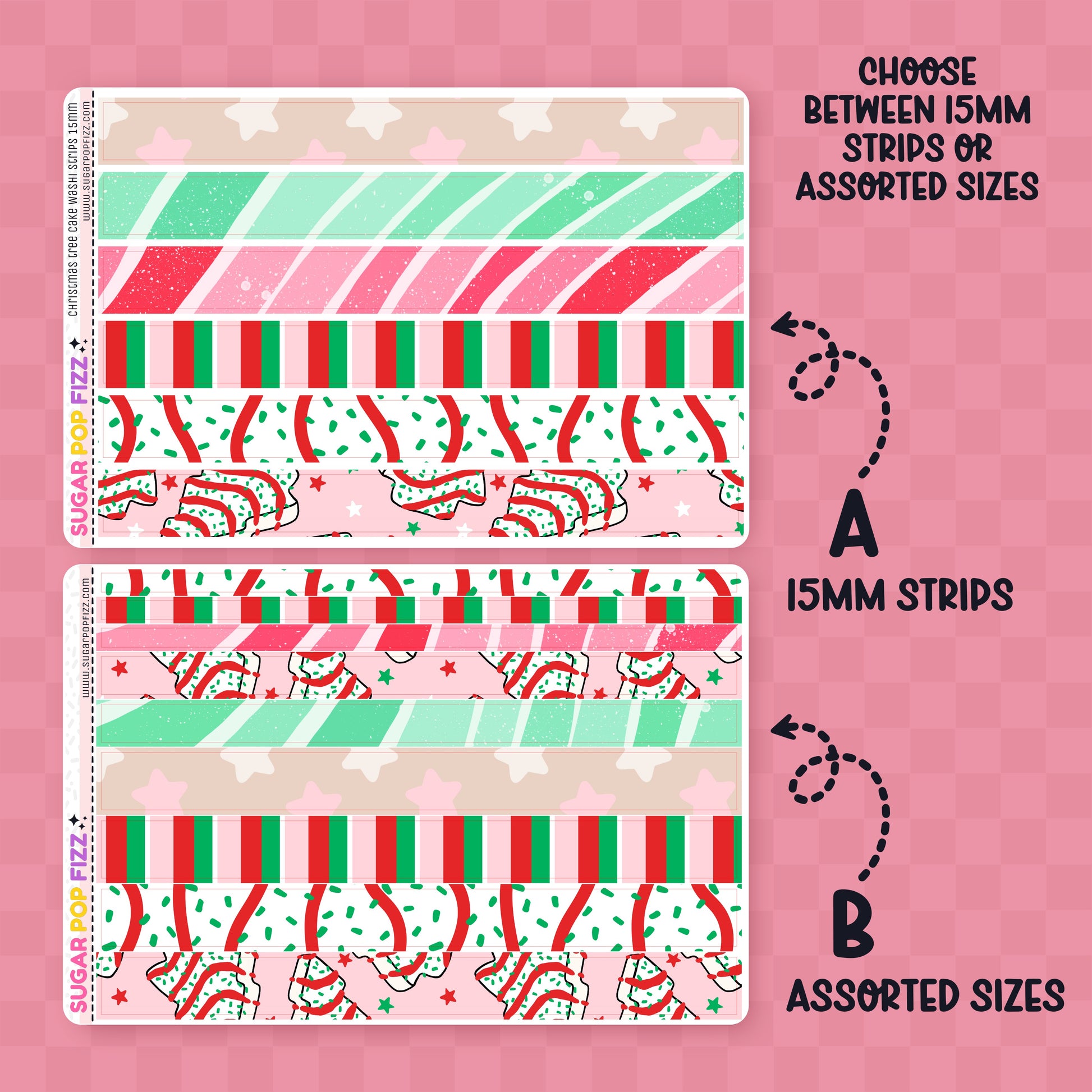 Set of washi tape strips with candy cane design on a pink background