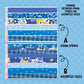Set of blue patterned strips with text on a blue background
