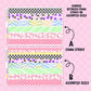 Set of colorful floral and checkered washi tape strips on sticker sheet on a pink background with text indicating strip sizes. Sheet A is 6 15mm strips and sheet B is 9 assorted sizes including 15mm, 10mm and 5mm. 