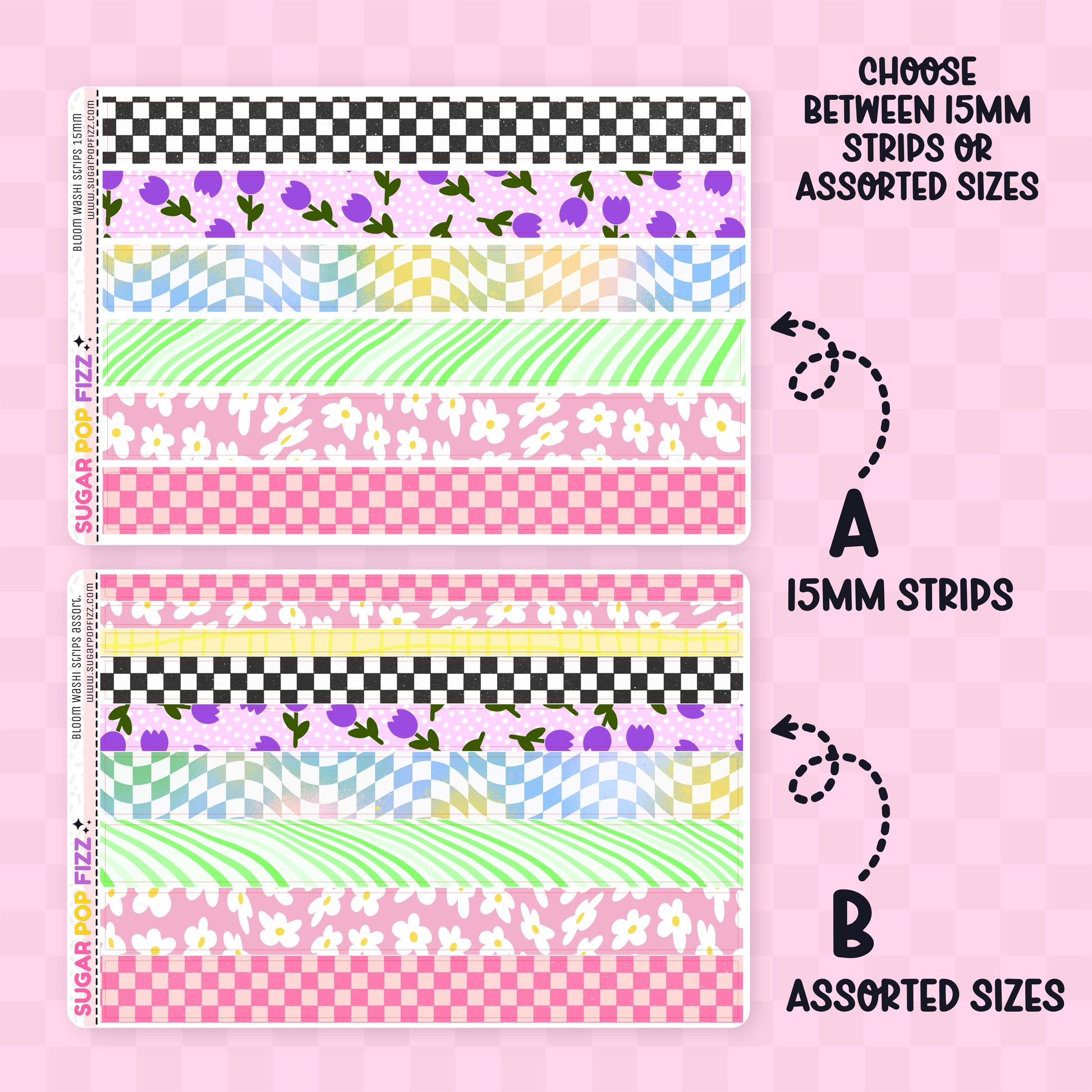 Set of colorful floral and checkered washi tape strips on sticker sheet on a pink background with text indicating strip sizes. Sheet A is 6 15mm strips and sheet B is 9 assorted sizes including 15mm, 10mm and 5mm. 
