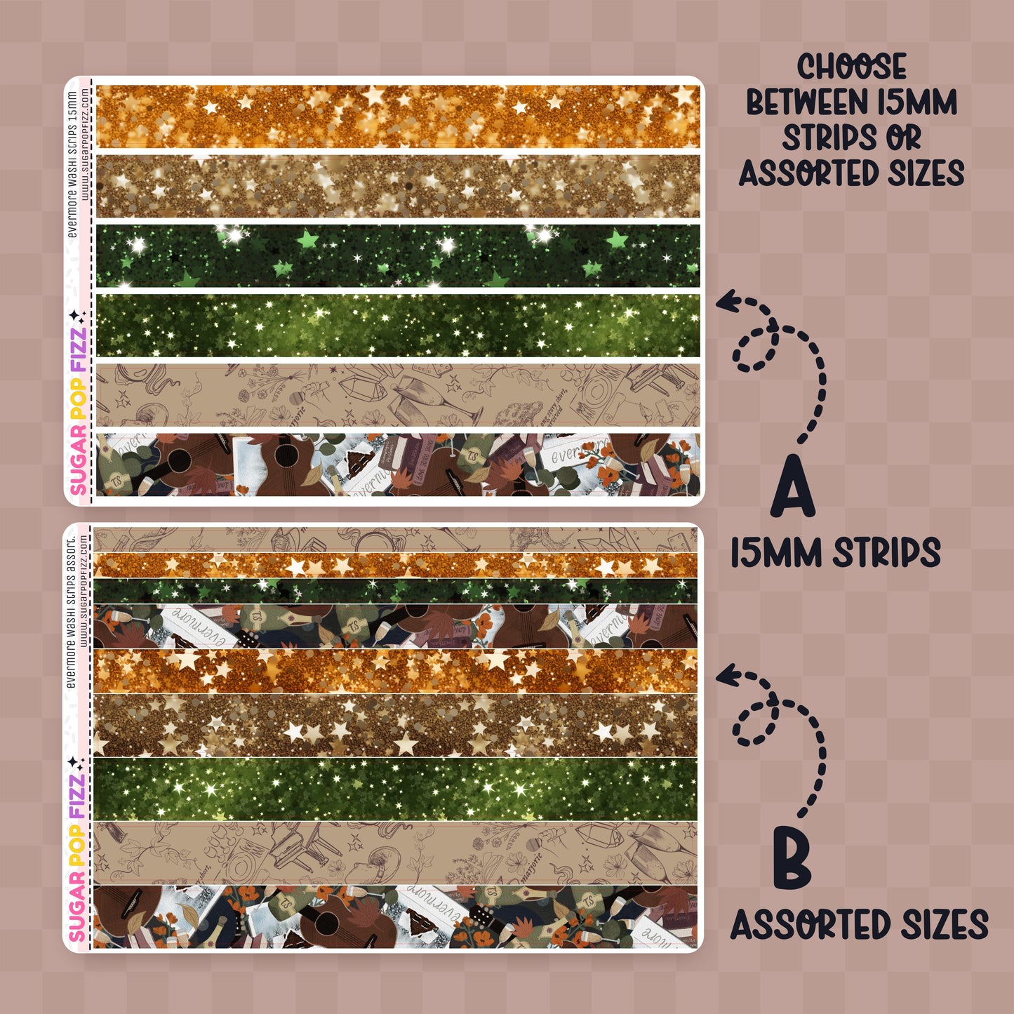 Set of colorful washi strips themed around taylor swift's evermore album in browns, greens and orange on a sticker sheet on a pink background with 'washi strips' text. Sheet A is 6 15mm strips and sheet B is 9 assorted sizes including 15mm, 10mm and 5mm. 