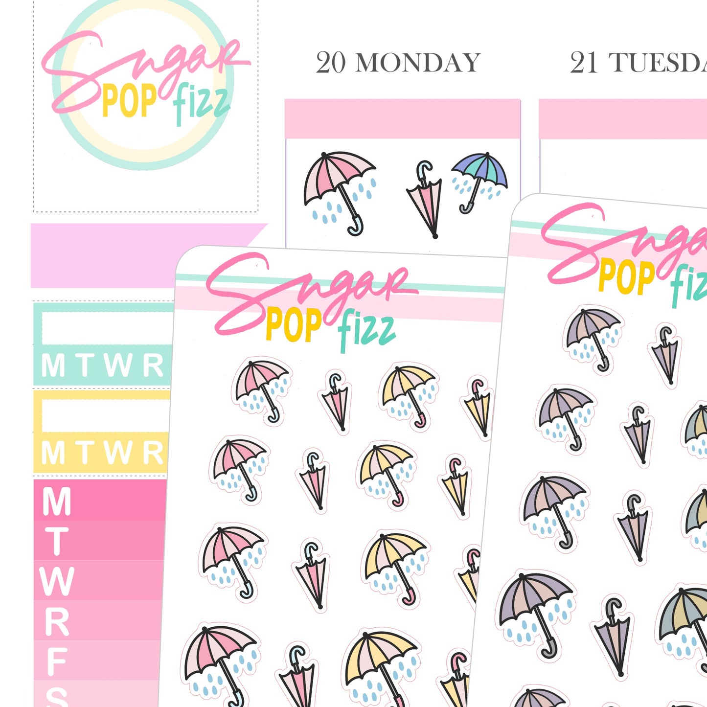 Umbrella Rain Doodle Stickers - D303